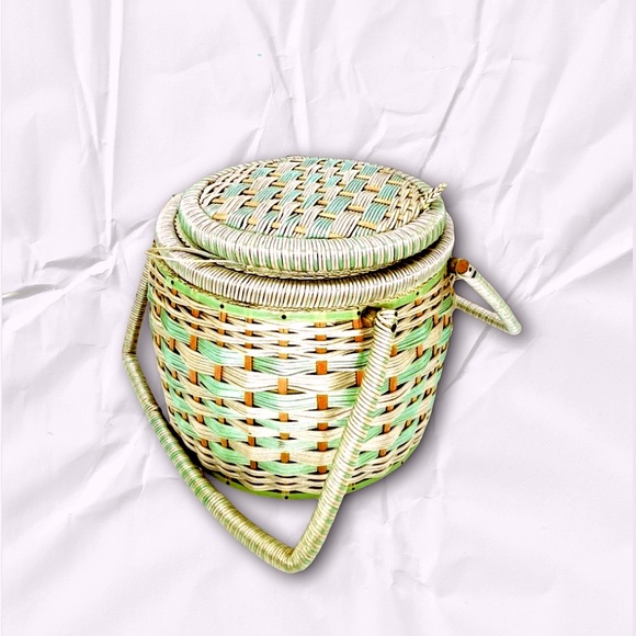 50s Mint Green Nesting Wicker Sewing/Picnic Basket(s) Bag - Picture 1 of 4